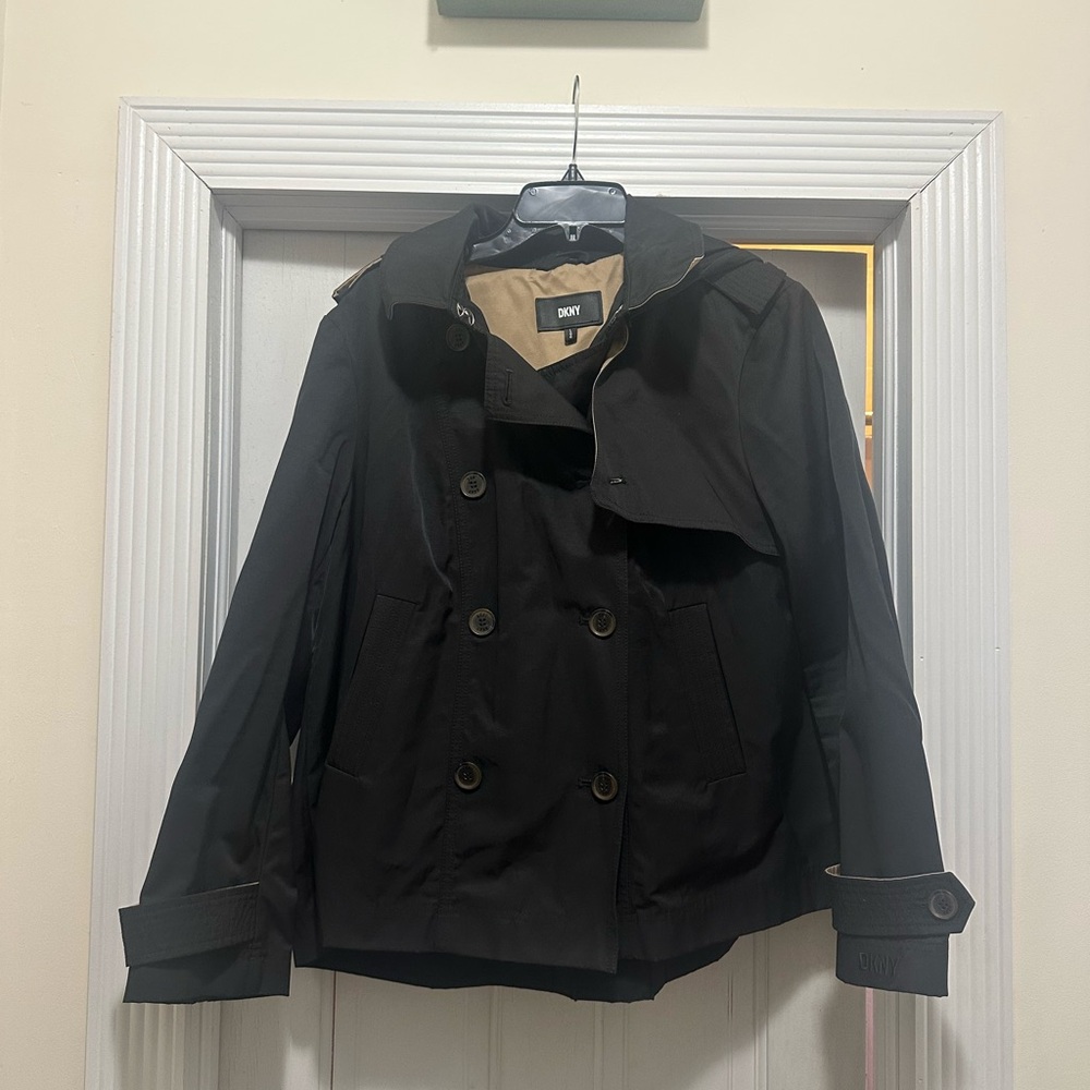 DKNY Black Short Flared Hooded Rain Coat with Tan Lining